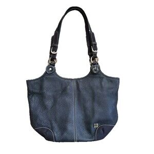 The Sak Black Pebbled Leather Shoulder Bag Buckles Silver Hardware Stitching